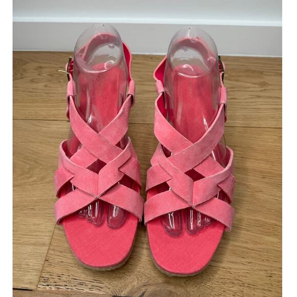 NEW Cole Haan Pink Crystal Wedge Suede Leather Espadrille Strap Sandal, Size 9.5 - Picture 2 of 9